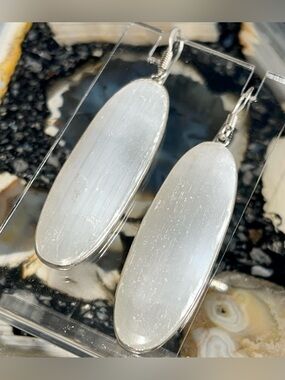 Large Oval Shape Selenite Spar Earrings 2 7/8”